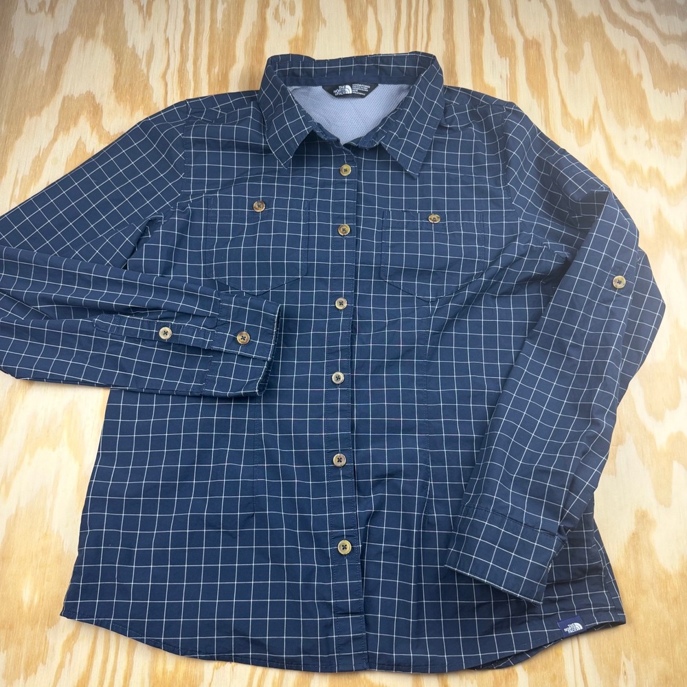 The North Face Womens Navy Blue Windowpane Plaid Roll Tab Hiking Shirt Medium